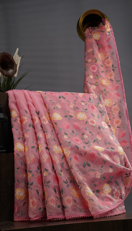 Tissue Linen Saree With Thread Embroidery with Lace Border - Light Pink