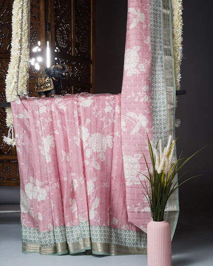 Muslin silk saree floral print golden butties with contrast border - Baby Pink