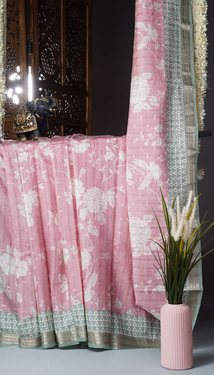 Muslin silk saree floral print golden butties with contrast border - Baby Pink