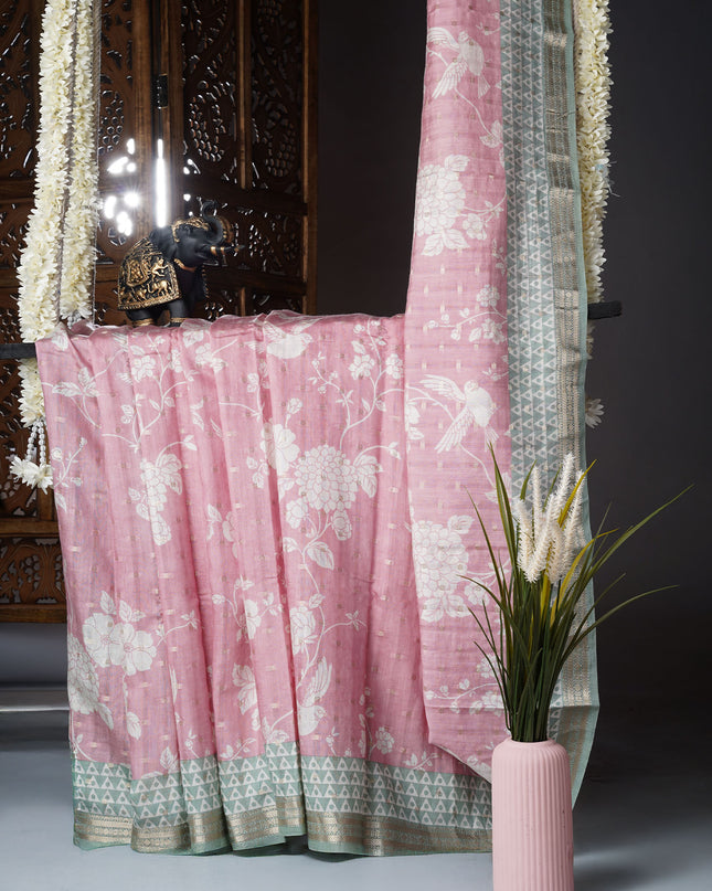 Muslin silk saree floral print golden butties with contrast border - Baby Pink