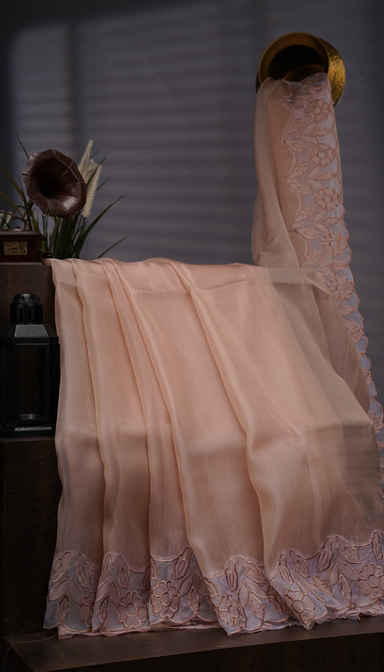 Soft Tissue Organza Silk with Thread Work Scallop Border - Beige