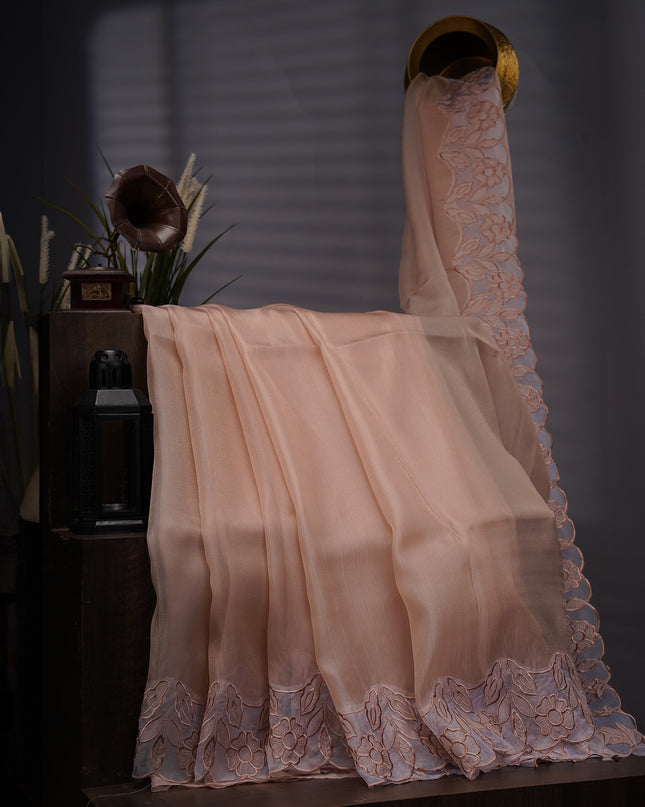 Soft Tissue Organza Silk with Thread Work Scallop Border - Beige