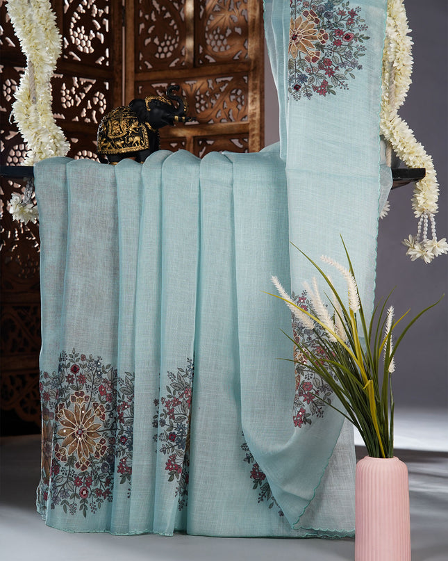 Tissue linen saree with floral Butties And Dori work With scallop border - Blue