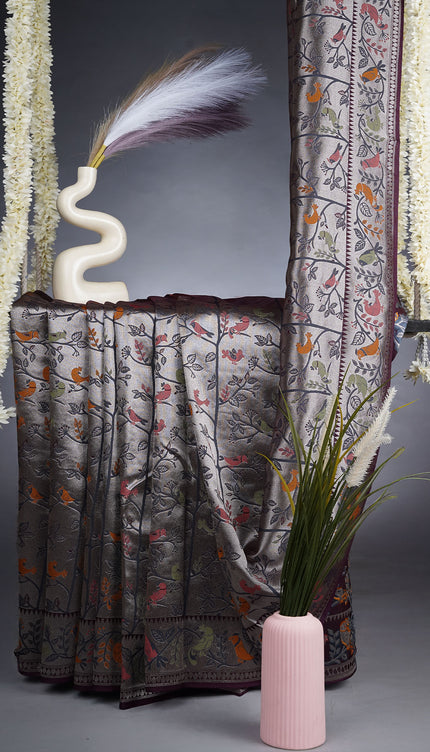 Kadi Banaras Saree With Allover Meenakari Work - Wine