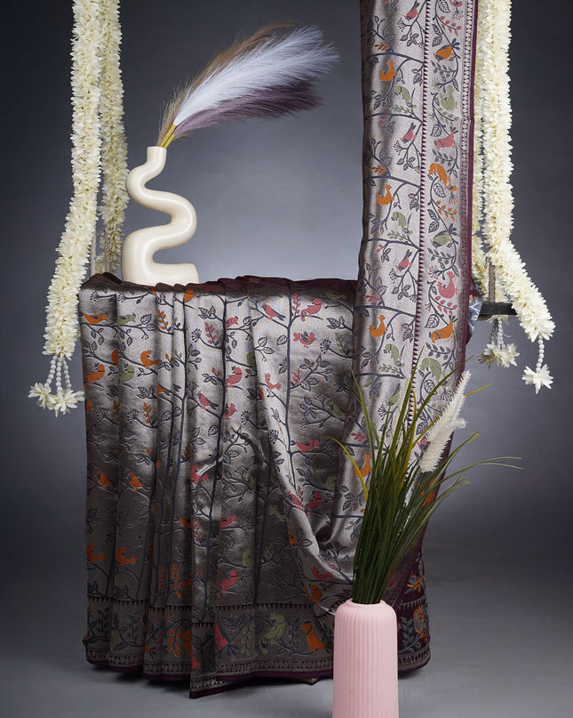Kadi Banaras Saree With Allover Meenakari Work - Wine