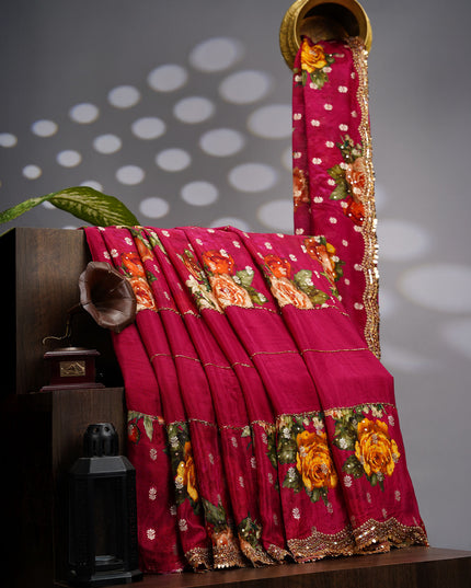 Crepe Saree With Floral Print Scallop Border Kardhana Sequence Work - Magenta