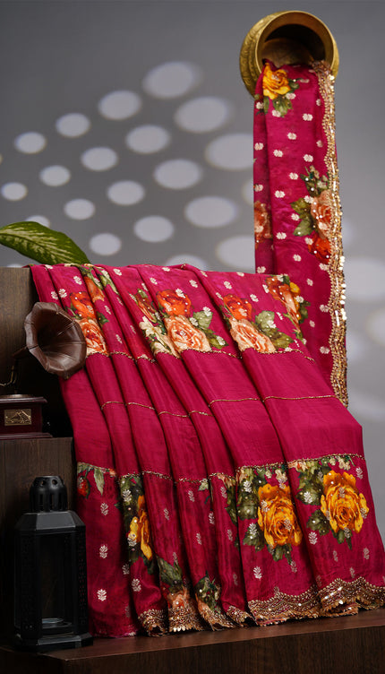 Crepe Saree With Floral Print Scallop Border Kardhana Sequence Work - Magenta