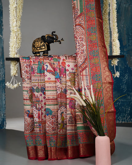 Korean Tussar Pashmina Kari Shal Featuring Intricate Mughal Style Pictorial Designs - Cream With Red