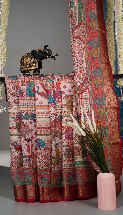 Korean Tussar Pashmina Kari Shal Featuring Intricate Mughal Style Pictorial Designs - Cream With Red