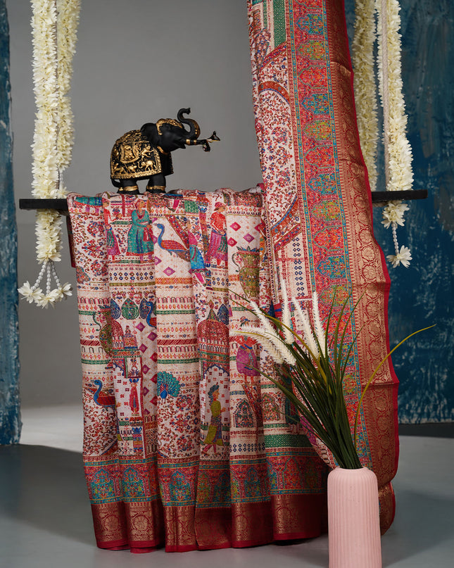 Korean Tussar Pashmina Kari Shal Featuring Intricate Mughal Style Pictorial Designs - Cream With Red