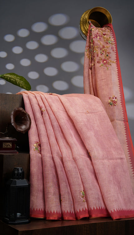 Tissue Linen Saree With Kantha Work & Contrast Border - Onion Pink