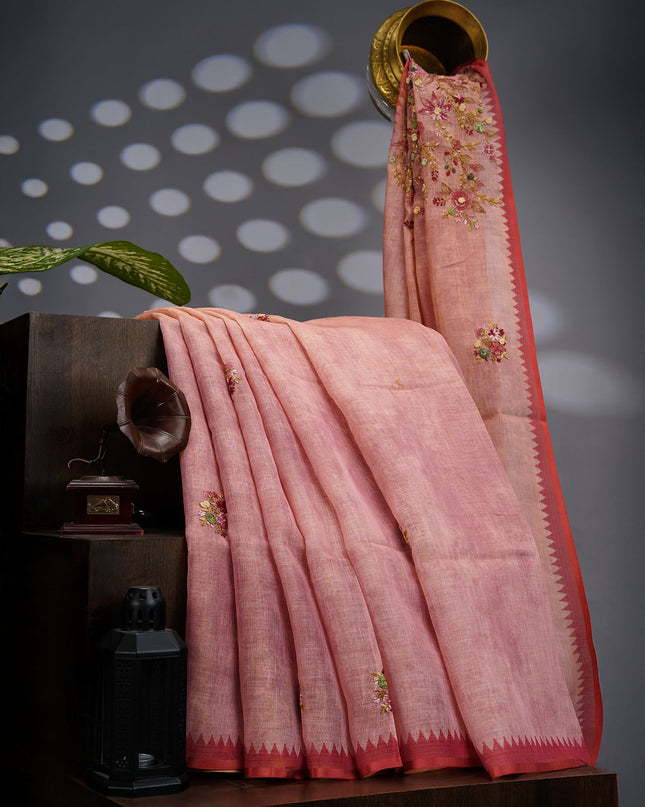 Tissue Linen Saree With Kantha Work & Contrast Border - Tan