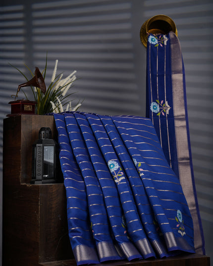 Chanderi Silk Saree With Thread Embroidery Butties And Gold Zari - Blue