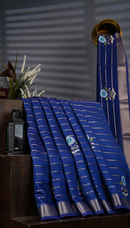 Chanderi Silk Saree With Thread Embroidery Butties And Gold Zari - Blue