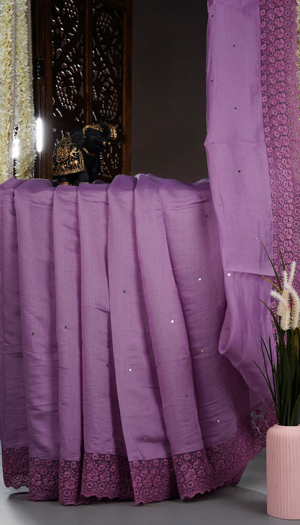 Mul Chanderi saree with Mirror work and lace Border - Lavender