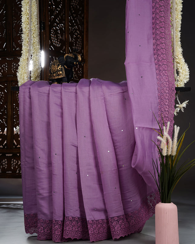 Mul Chanderi saree with Mirror work and lace Border - Lavender
