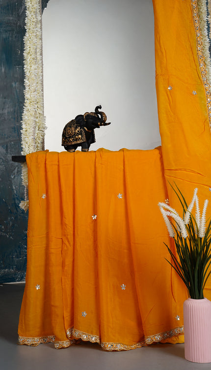 Italian Crape Mirror Work Booties With Kardhana Work - Yellow