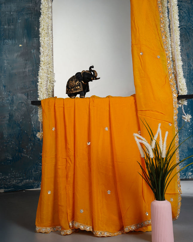 Italian Crape Mirror Work Booties With Kardhana Work - Yellow