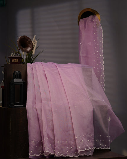 Jute Linen Tissue Pearl Work Buttis With Scallop Border - Lavender