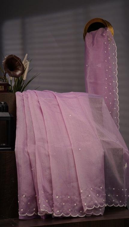 Jute Linen Tissue Pearl Work Buttis With Scallop Border - Lavender