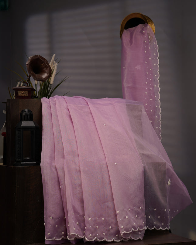 Jute Linen Tissue Pearl Work Buttis With Scallop Border - Lavender