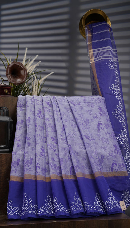 Chanderi Silk Saree with Floral Print and Contrast Border- Blue