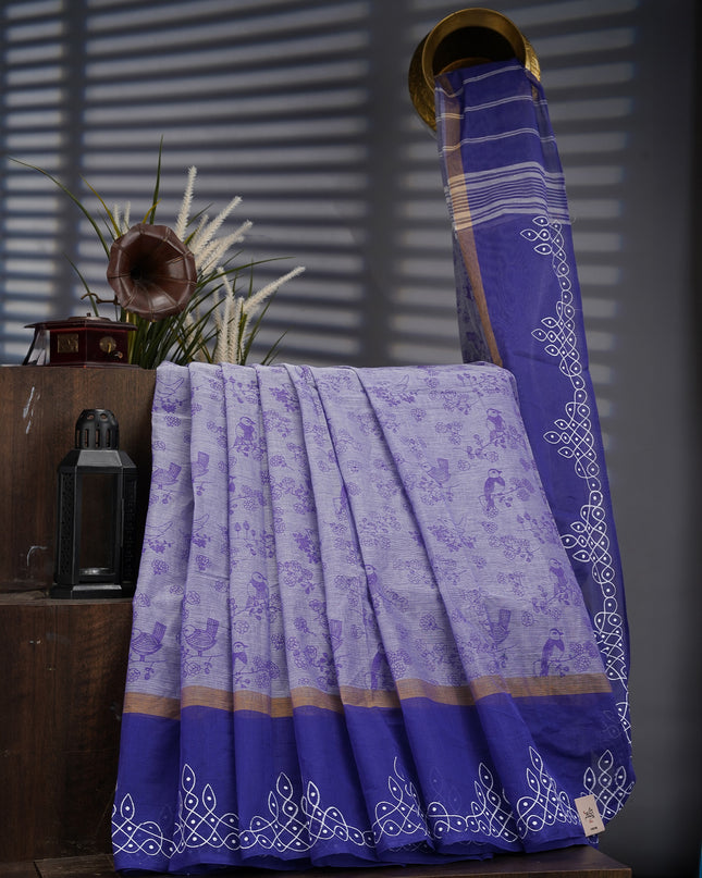 Chanderi Silk Saree with Floral Print and Contrast Border- Blue