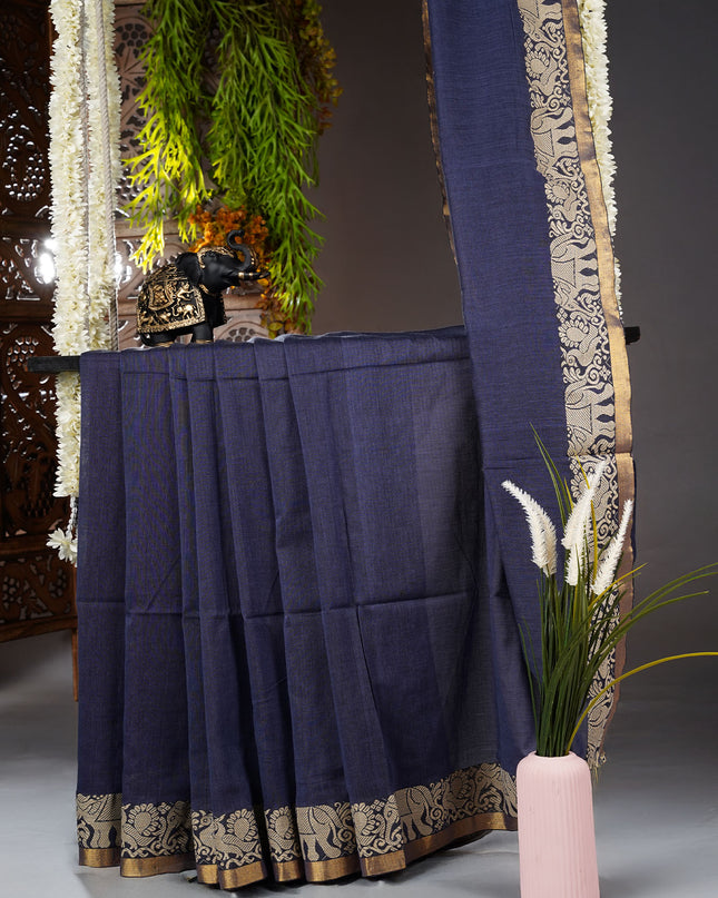 Handloom Cotton Saree with Thread Weaving Border- Light Blue