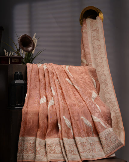 Tissue Banarasi Silk with All Over Self Weaving with Light Gold Zari Border - Peach