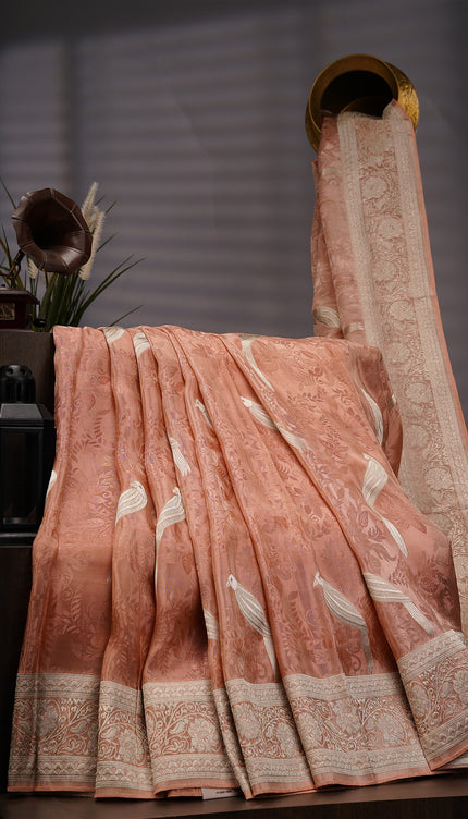 Tissue Banarasi Silk with All Over Self Weaving with Light Gold Zari Border - Peach