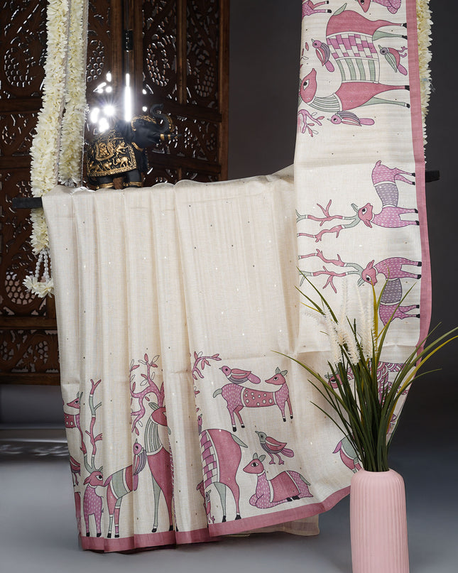 Tusser silk saree with All over animal and digital print - Cream & Pink