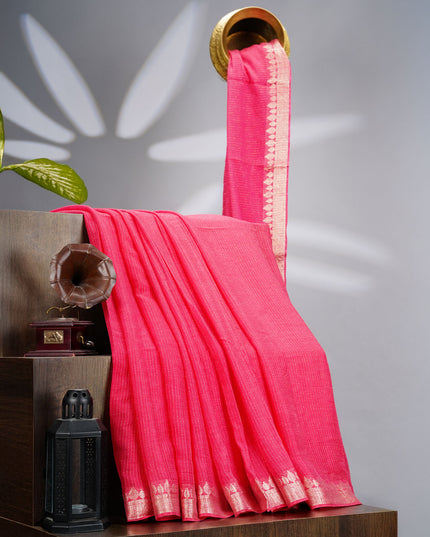 Korean Crepe Saree with Golden Zari Border- Pink