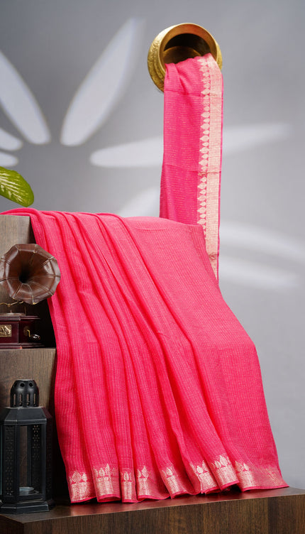 Korean Crepe Saree with Golden Zari Border- Pink
