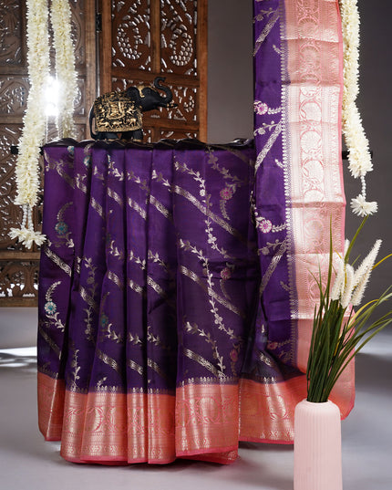 Chanderi Silk Saree With Golden Meenakari Butties Contrast Border - Violet
