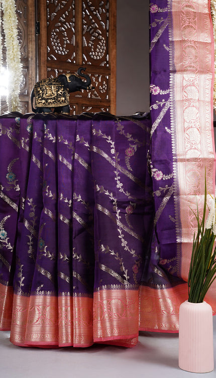 Chanderi Silk Saree With Golden Meenakari Butties Contrast Border - Violet