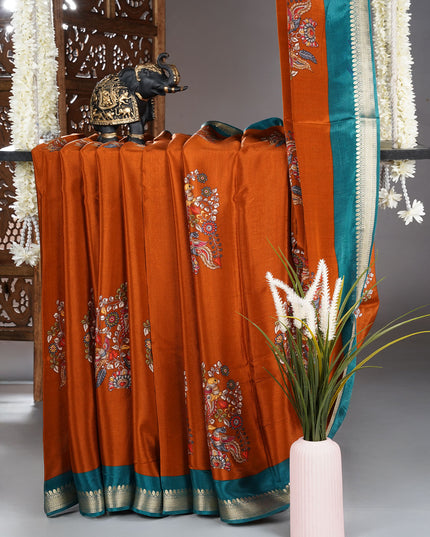 Binny crepe saree peacock design with golden border - Rust