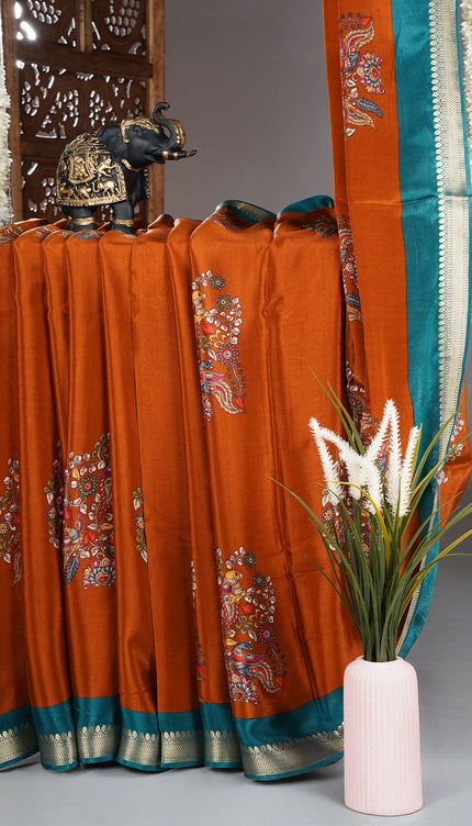 Binny crepe saree peacock design with golden border - Rust
