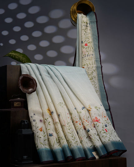 Linen Tissue Saree With Floral Print & Knot Work - Beige & Peacock Blue