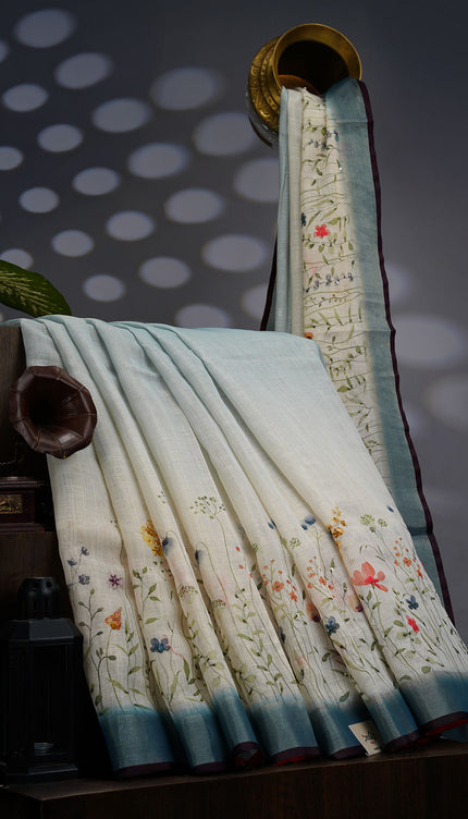 Linen Tissue Saree With Floral Print & Knot Work - Beige & Peacock Blue