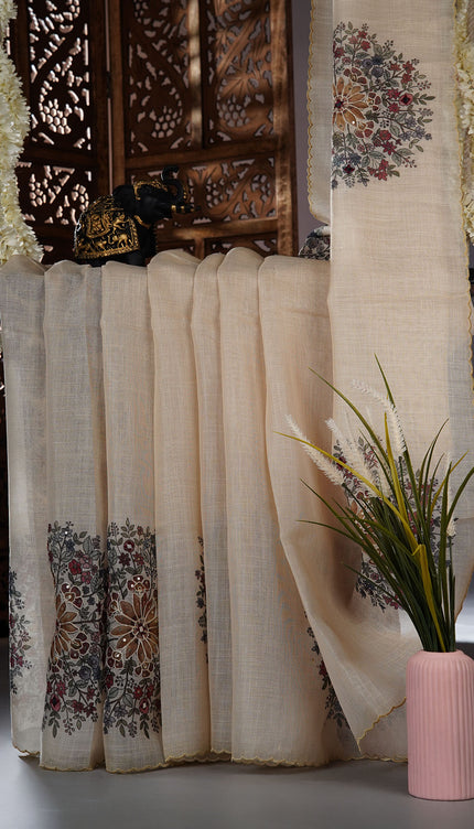 Tissue linen saree with floral Butties And Dori work With scallop border - Lemon Yellow