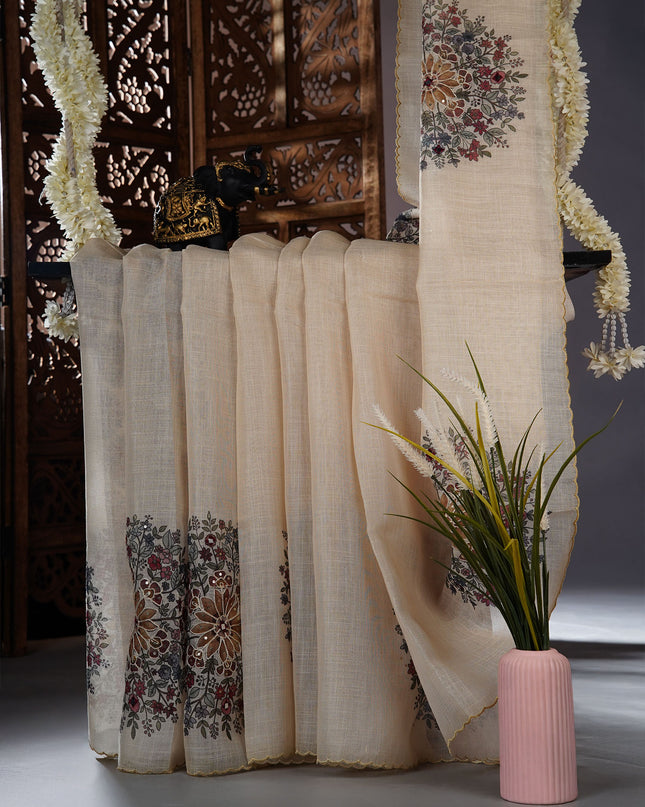 Tissue linen saree with floral Butties And Dori work With scallop border - Lemon Yellow