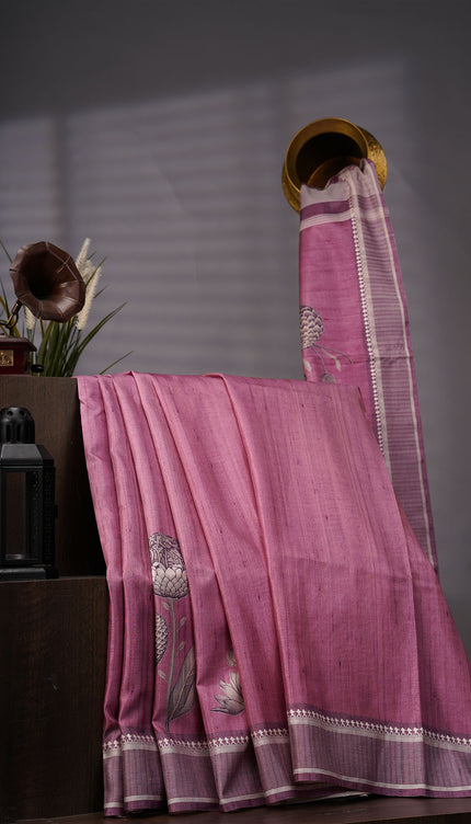 Tissue Silk With Digital Print & Thread Border - Magenta