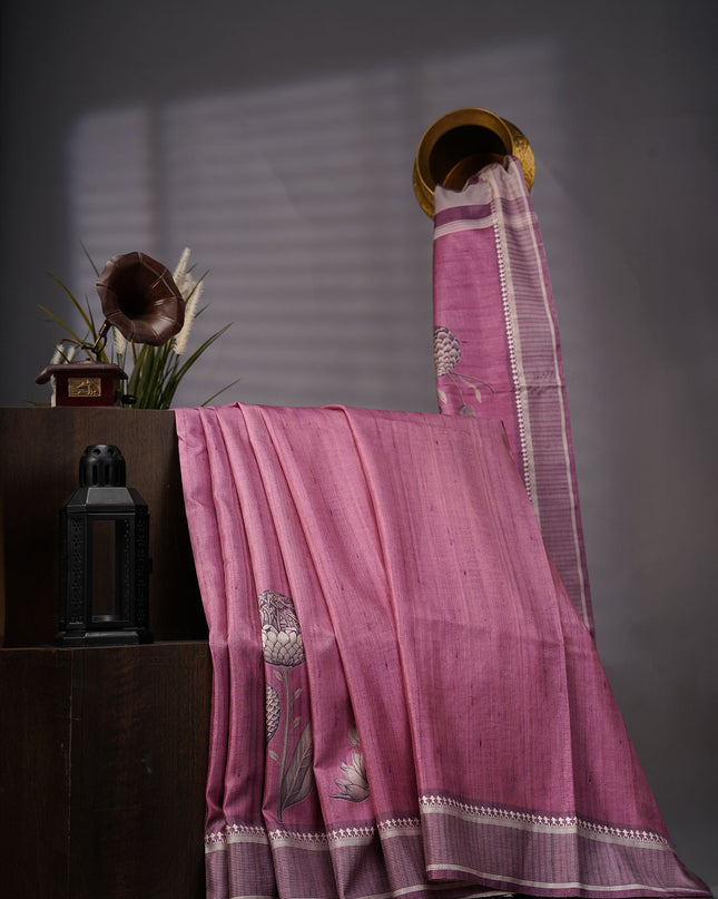 Tissue Silk With Digital Print & Thread Border - Magenta