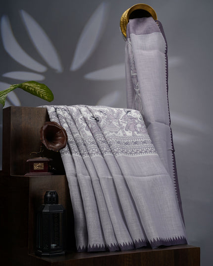 Lenin Silk Saree with Madhubani Print with Contrast Border- Grey