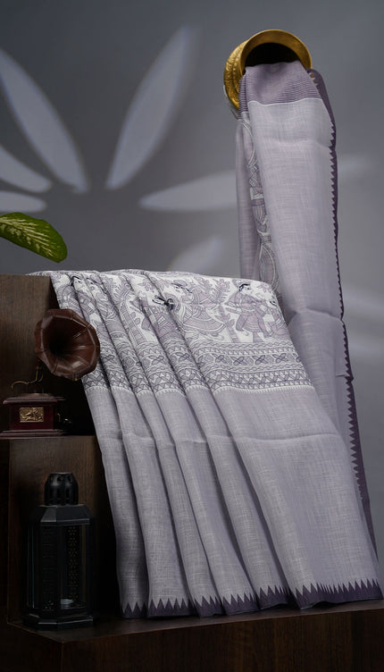 Lenin Silk Saree with Madhubani Print with Contrast Border- Grey