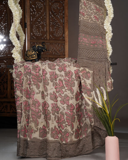Chiffon sarees with Kalamkari print and zari-woven borders - Cream