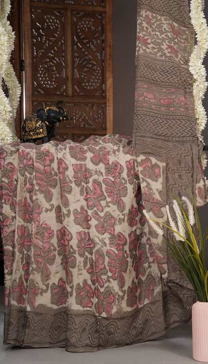 Chiffon sarees with Kalamkari print and zari-woven borders - Cream