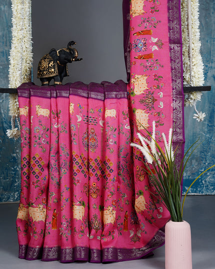 Munga Silk Saree With Digital pichwai print and contrast border - Pink & Purple