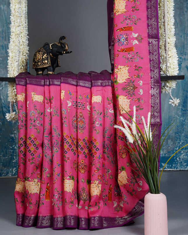 Munga Silk Saree With Digital pichwai print and contrast border - Pink & Purple