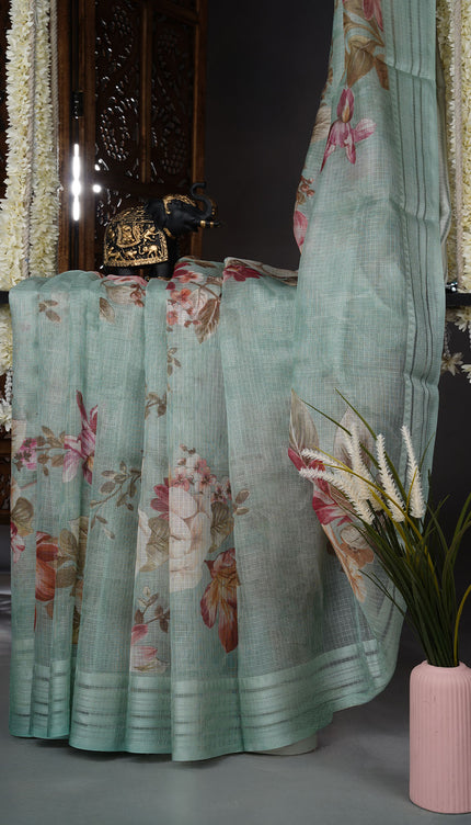 Kota cotton Saree with Floral Print - Mint Green
